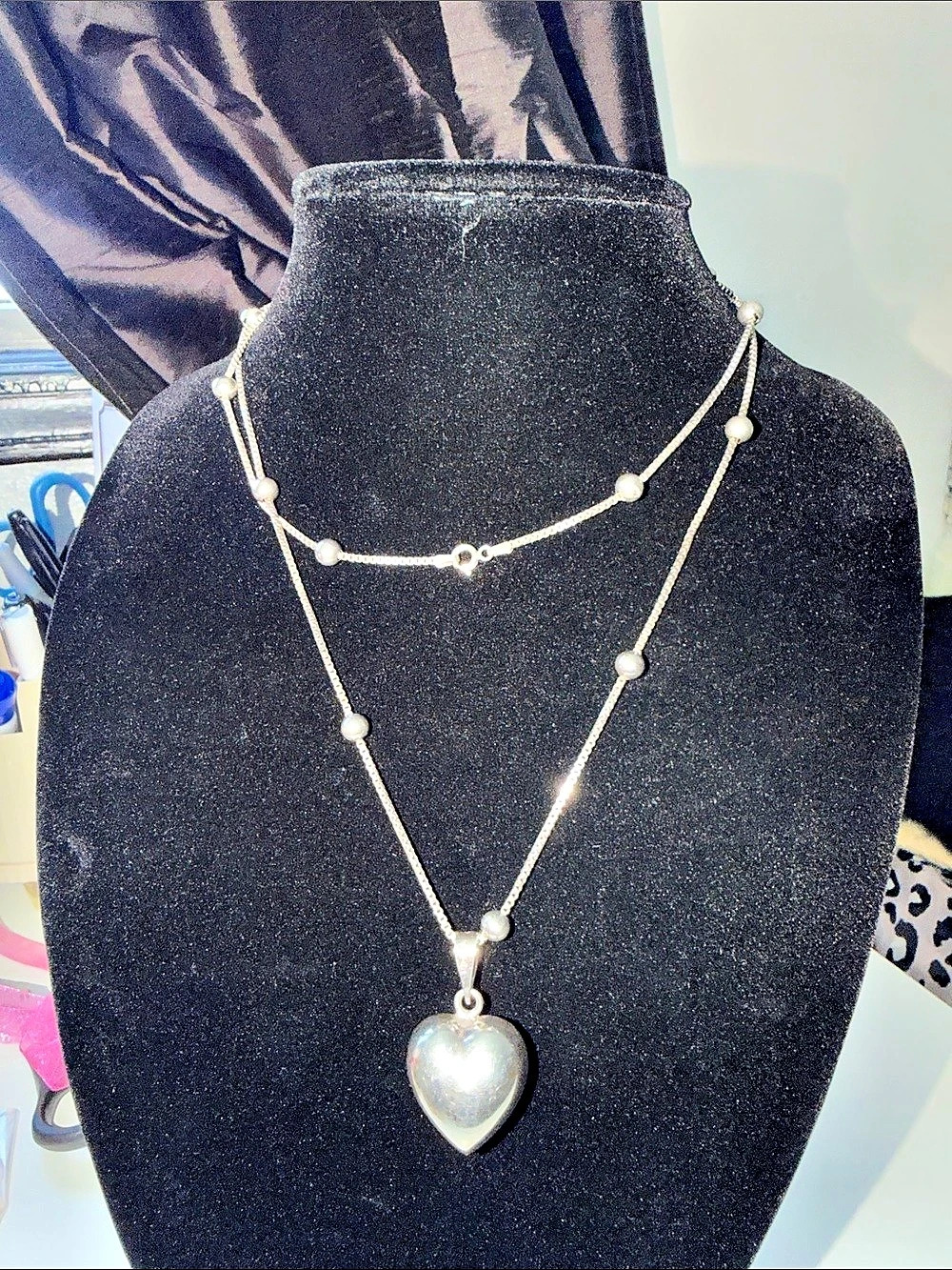 Long Heart chiming Pendant Necklace 925 Mexico Silver 32 inch chain